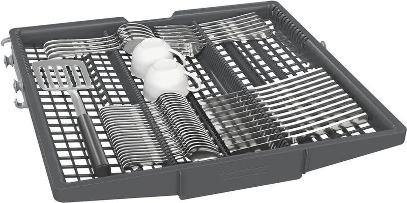 Gray dish rack with cutlery and plates on a white background