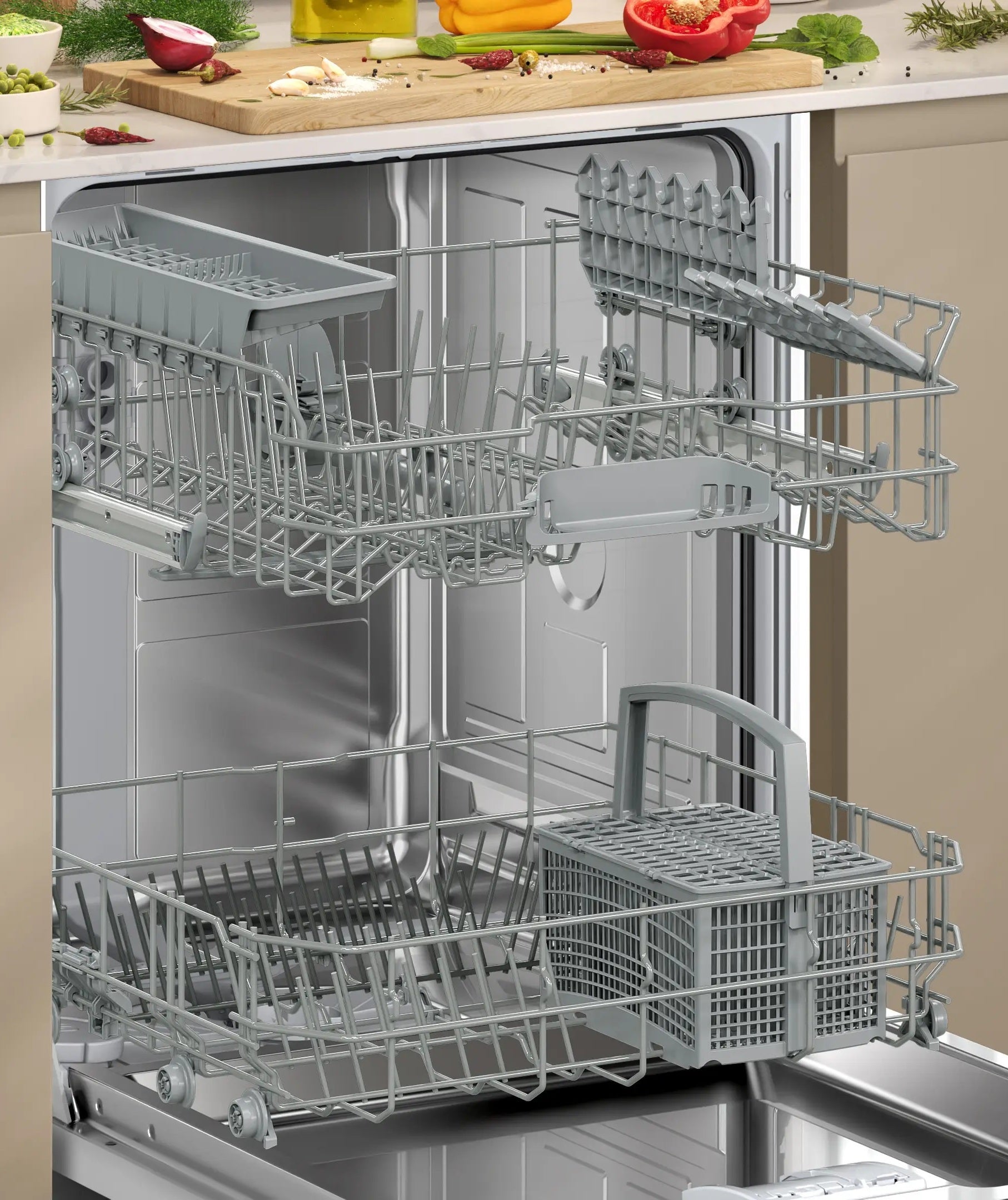 Flex I Baskets – Foldable elements in the top and bottom baskets for practical loading