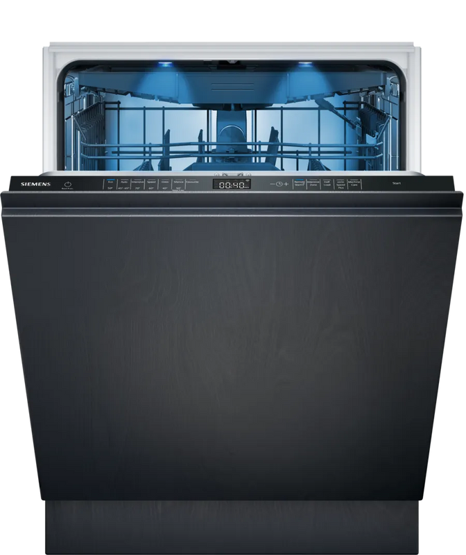 Siemens dishwasher with open door showing interior racks on a white background