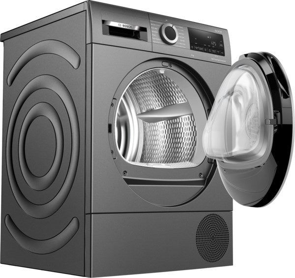 Gray dryer with open door showing interior, on a white background