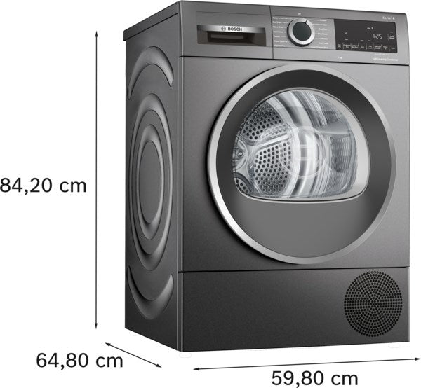 Gray Bosch dryer with dimensions labeled on a white background