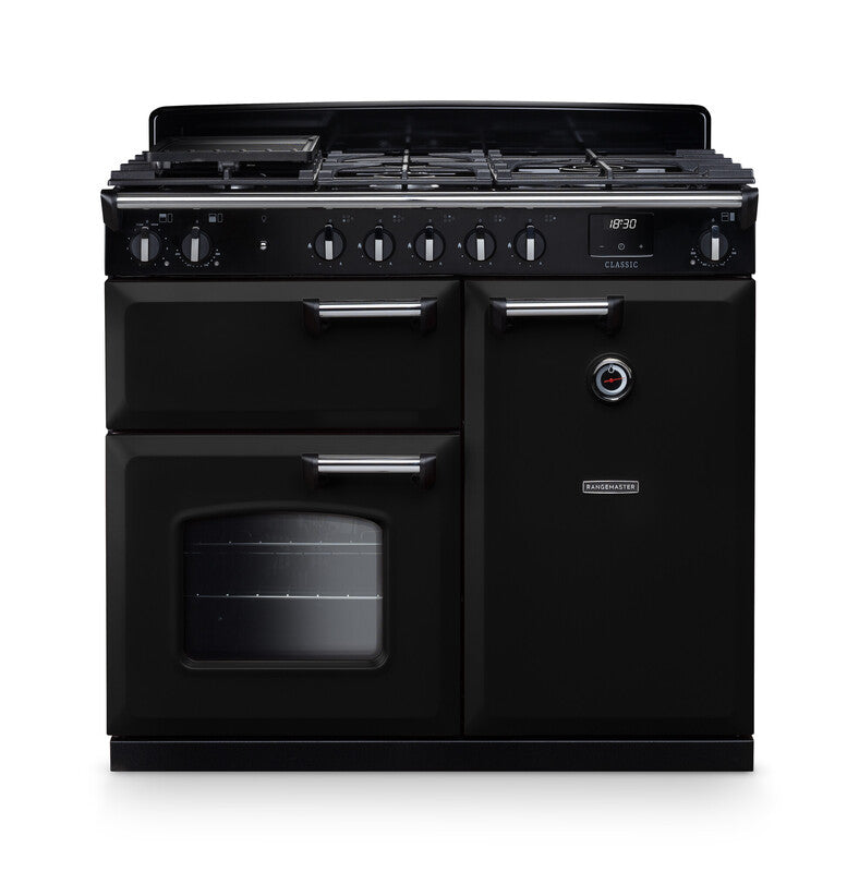 Rangemaster CL100DFPGBL/CM1 Classic 100 Dual Fuel Range Cooker - Gloss Black - A Rated
