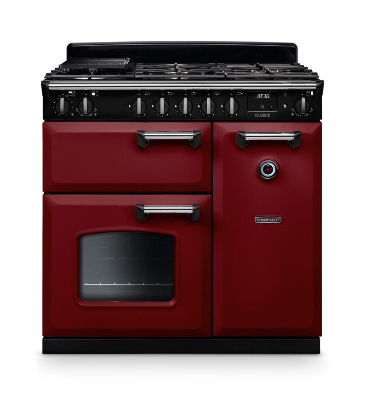 Rangemaster CL90DFPBOR/CM1 Classic 90 Dual Fuel Range Cooker - Bordeaux - A Rated