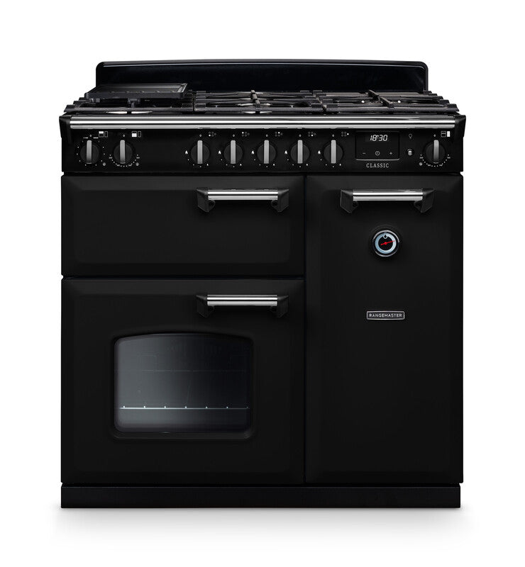 Rangemaster CL90DFPGBL/CM1 Classic 90 Dual Fuel Range Cooker - Gloss Black - A Rated