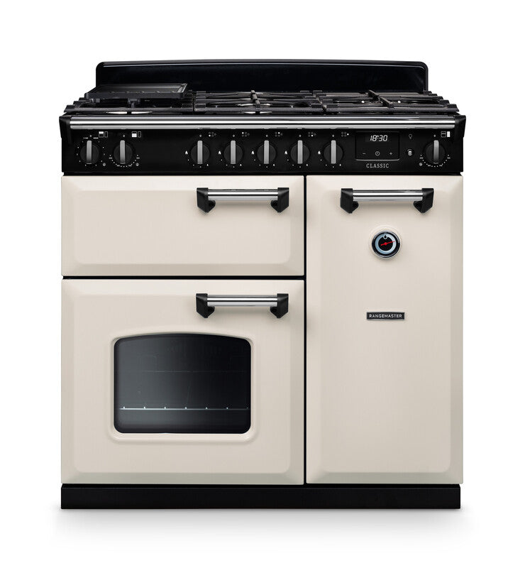 Rangemaster CL90DFPPCR/CM1 Classic 90 Dual Fuel Range Cooker - Pale Cream - A Rated