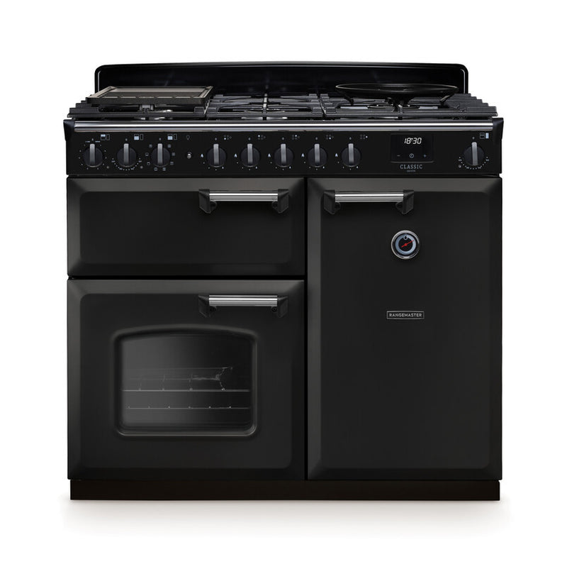 Rangemaster CLDL100DFPCBL/CM1 Classic Deluxe 100 Dual Fuel Range Cooker - Charcoal Black - A Rated