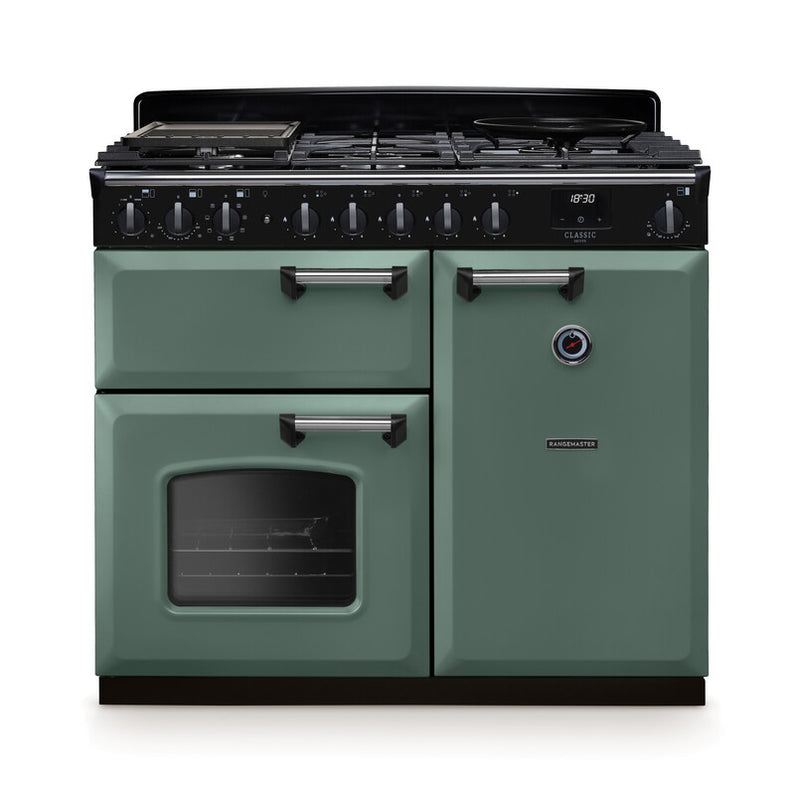Rangemaster CLDL100DFPMGR/CM1 Classic Deluxe 100 Dual Fuel Range Cooker - Mineral Green - A Rated