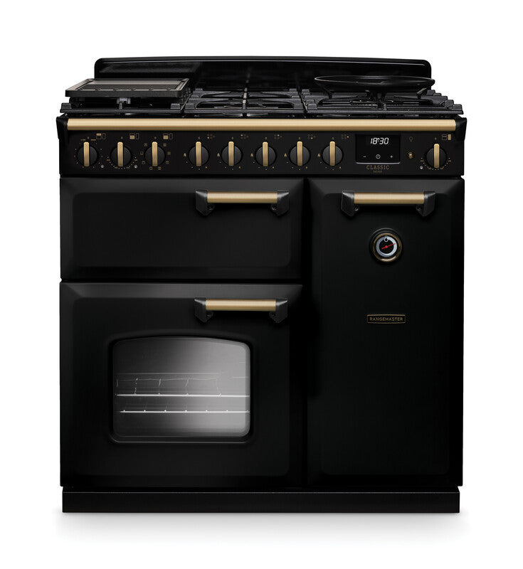 Rangemaster CLDL90DFPCBL/AB1 Classic Deluxe 90 Dual Fuel Range Cooker - Charcoal Black - A Rated