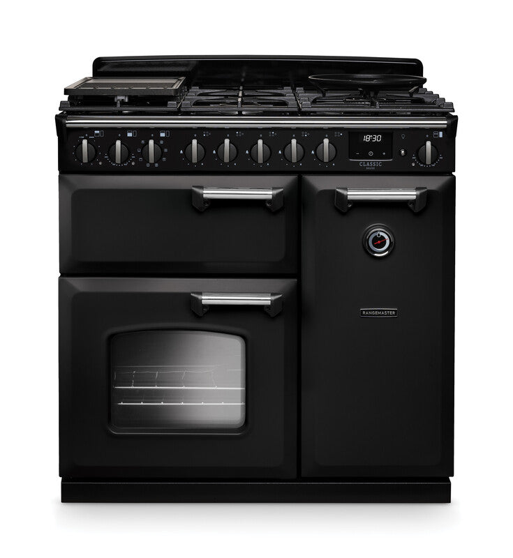 Rangemaster CLDL90DFPCBL/CM1 Classic Deluxe 90 Dual Fuel Range Cooker - Charcoal Black - A Rated