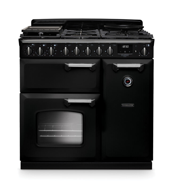 Rangemaster CLDL90DFPGBL/CM1 Classic Deluxe 90 Dual Fuel Range Cooker - Gloss Black - A Rated