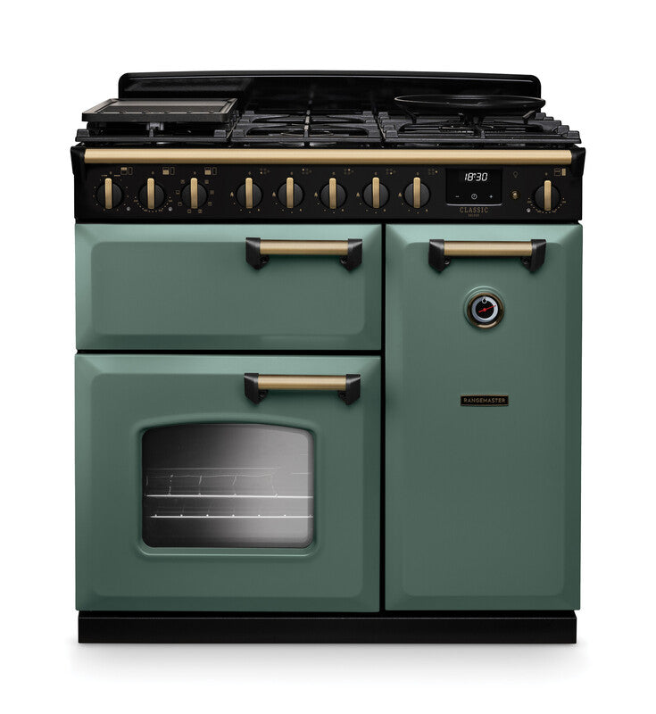 Rangemaster CLDL90DFPMGR/AB1 Classic Deluxe 90 Dual Fuel Range Cooker - Mineral Green - A Rated