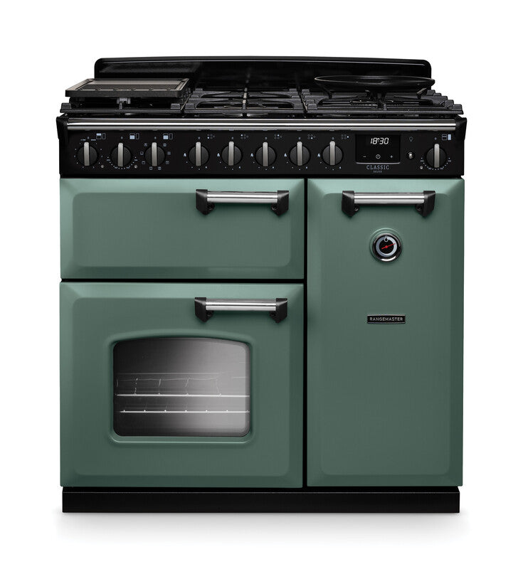 Rangemaster CLDL90DFPMGR/CM1 Classic Deluxe 90 Dual Fuel Range Cooker - Mineral Green - A Rated
