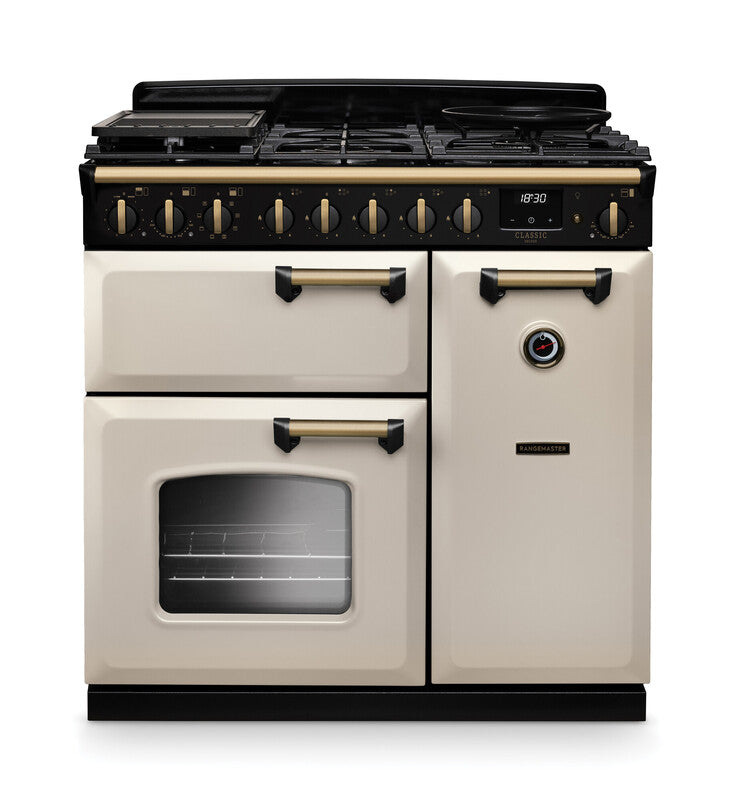Rangemaster CLDL90DFPPCR/AB1 Classic Deluxe 90 Dual Fuel Range Cooker - Pale Cream - A Rated
