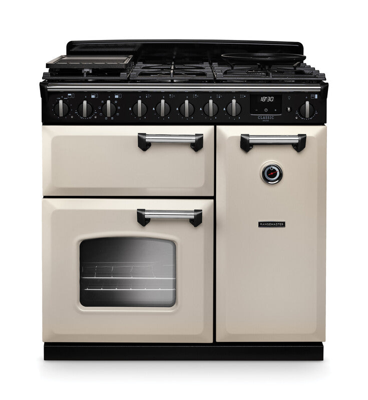 Rangemaster CLDL90DFPPCR/CM1 Classic Deluxe 90 Dual Fuel Range Cooker - Pale Cream - A Rated