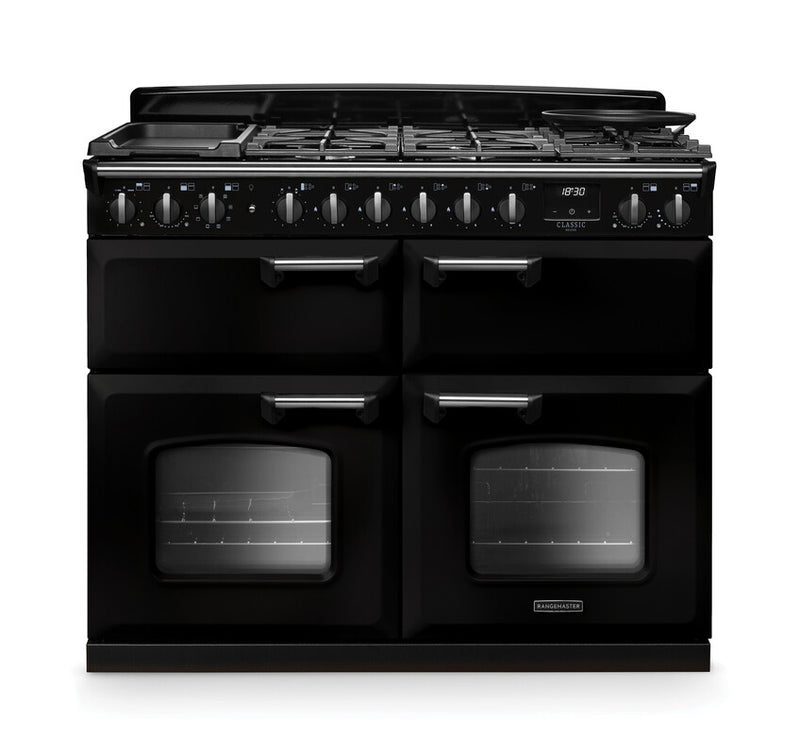 Rangemaster CLDLB110DFPGBL/CM1 Classic Deluxe 110 Dual Fuel Range Cooker - Gloss Black - A Rated