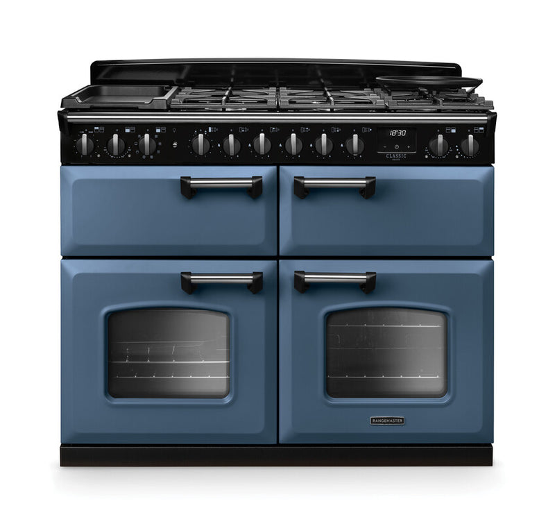 Rangemaster CLDLB110DFPSTB/CM1 Classic Deluxe 110 Dual Fuel Range Cooker - Stone Blue - A Rated