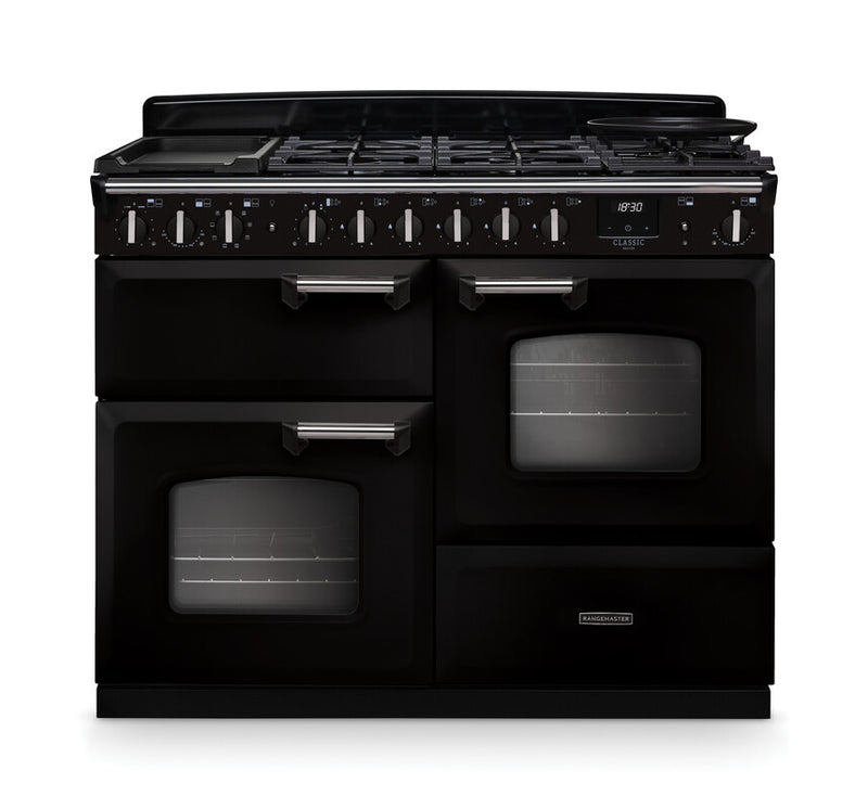 Rangemaster CLDLO110DFPGBL/CM1 Classic Deluxe 110 Dual Fuel Range Cooker - Gloss Black - A Rated