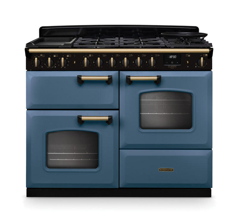 Rangemaster CLDLO110DFPSTB/AB1 Classic Deluxe 110 Dual Fuel Range Cooker - Stone Blue - A Rated