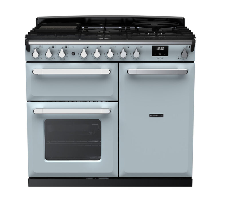 Rangemaster ESDL100DFPMSB/CM1 Estel Deluxe 100 Dual Fuel Range Cooker - Misty Blue - A Rated