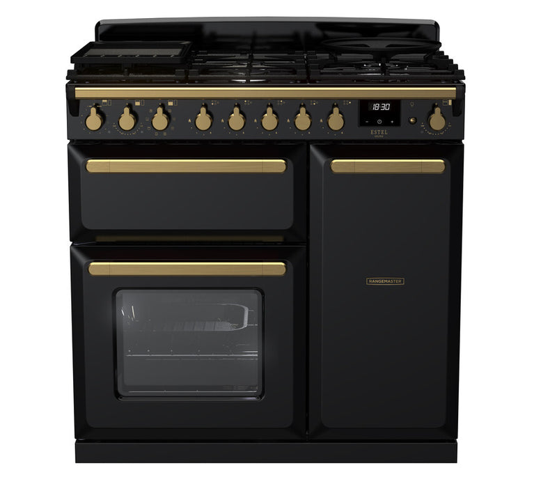 Rangemaster ESDL90DFPGBL/AB1 Estel Deluxe 90 Dual Fuel Range Cooker - Gloss Black - A Rated