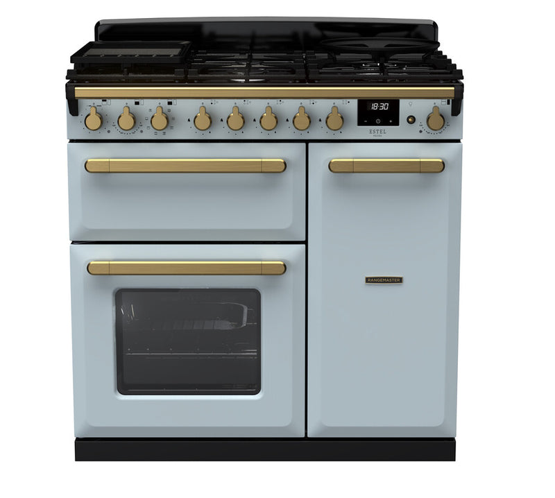 Rangemaster ESDL90DFPMSB/AB1 Estel Deluxe 90 Dual Fuel Range Cooker - Misty Blue - A Rated