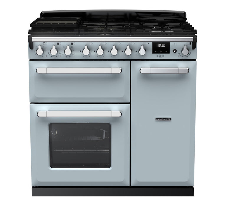 Rangemaster ESDL90DFPMSB/CM1 Estel Deluxe 90 Dual Fuel Range Cooker - Misty Blue - A Rated