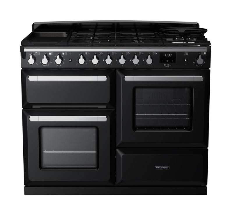 Rangemaster ESDLO110DFPGBL/CM1 Estel Deluxe 110 Dual Fuel Range Cooker - Gloss Black - A Rated