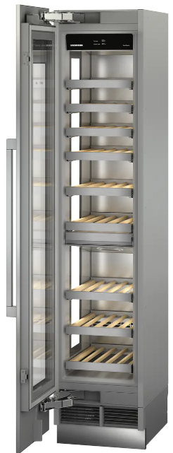 liebherr ewt9175 monolith integrated wine fridge with door open and wine storage empty. Angled slightly towards the left.