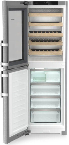 Liebherr SWNstd529i Stainless Steel Fridge Freezer with Wine compartment. Door open and empty.