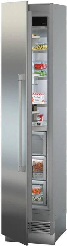 liebherr egn9171 monolith integrated freezer with door ajar and freezer compartment filled with food items. Angled slightly to the left.