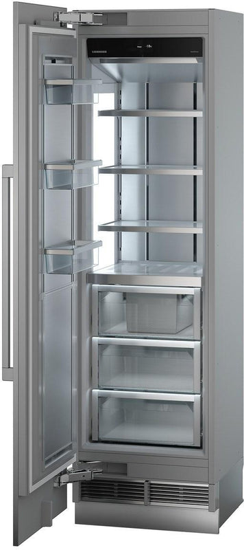 liebherr egn9271 monolith integrated fridge freezer with door open. Freezer compartment is empty. Freezer is angled slightly to the left.