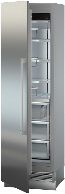 liebherr egn9271 monolith integrated freezer with door ajar. Freezer compartment is empty with the appliance at a slight angle towards the left.