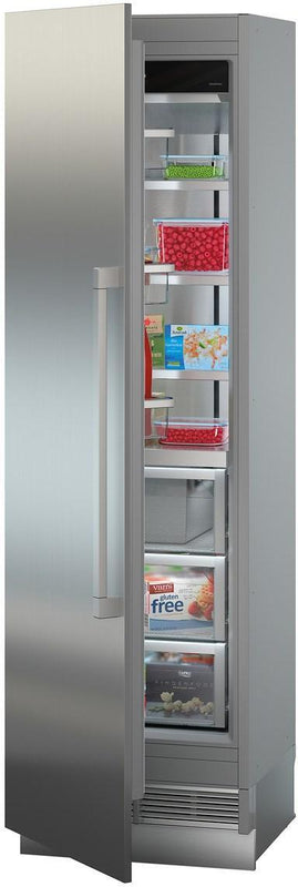 liebherr egn9271 monolith integrated freezer with door ajar. Freezer compartment is filled with food items. The appliance is angled slightly towards the left.