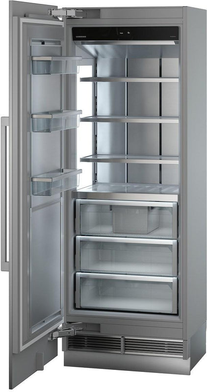 liebherr egn9471 monolith integrated freezer with the door fully open. Freezer compartment is empty. The appliance is angled slightly towards the left.