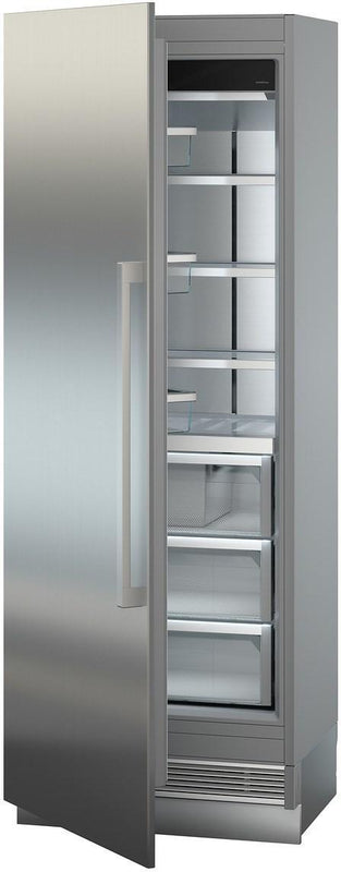 liebherr egn9471 monolith integrated freezer with the door ajar. Freezer compartment is empty. The appliance is angled slightly towards the left.
