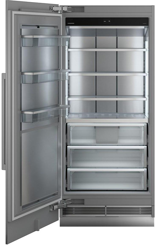 liebherr egn9671 monolith integrated freezer with door fully open. Freezer compartment is empty.