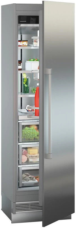 liebherr ekb9271 monolith integrated fridge with door ajar and food items inside slightly angled to the right.