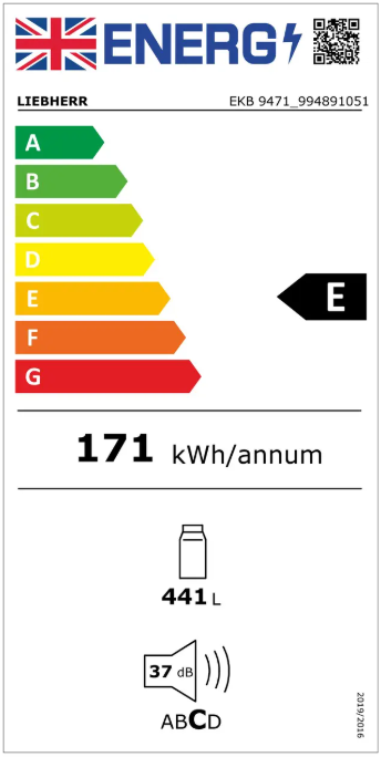 energystar energy label for liebherr ekb9471 monolith integrated frdige . Labelled as E rated with an energy consumption of 171 kWh per annum, total net capacity of 441 litres in the fridge. A noise level of 37 dB.
