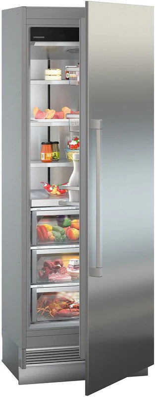 liebherr ekb9471 monolith integrated fridge with door ajar food items inside at a slight angle towards the right.