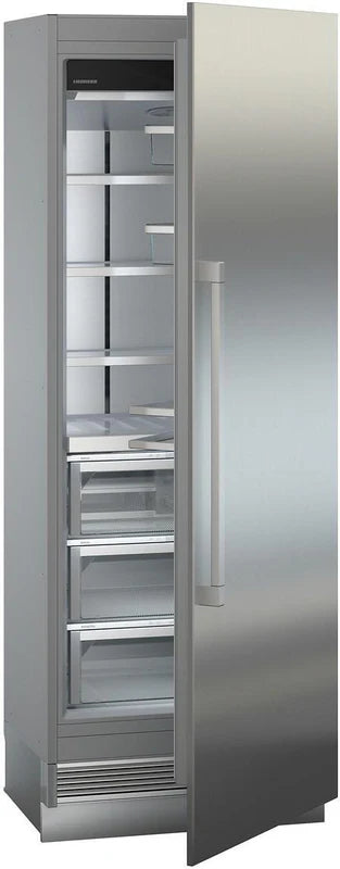 liebherr ekb9471 monolith integrated fridge with door ajar and empty inside at a slight angle towards the right.