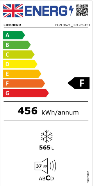 EnergyStar energy label (used in the UK) for the libherr egn9671 monolith integrated freezer. The appliance has an energy rating of F with a consumption of 456 kWh/annum and a total net capacity of 565litres in the freezer as well as a noise level of 37dB.