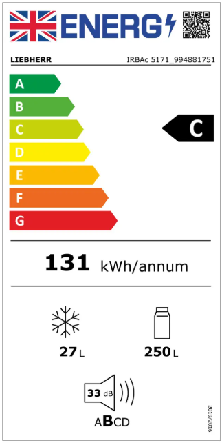 The EnergyStar Energy Efficiency label (UK) or the Liebherr IRBac5171 integrated fridge with icebox. The appliance has an energy rating of C with an energy consumption of 131 kWh/annum with a total net capacity of 250 litres in the fridge and 27 litres in the freezer. The appliance has a noise level of 33dB.
