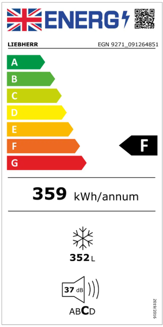 The EnergyStar energy label (used in the UK) for the Liebherr egn9271 monolith integrated freezer. The appliance has an energy rating of  with an energy consumption of 359 kWh/annum and a total net capacity of 352 litres in the freezer. The appliance also has a noise level of 37dB.