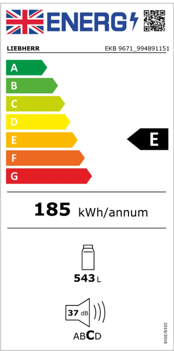 Energystar energy efficiency label for liebherr ekb9761 monolith integrated fridge. Showing an energy efficiency rating of E. Annual consumption of 185 kWh/ annum and a total net storage for the refrigerator compartment of 543 litres. A noise level of 37dB.