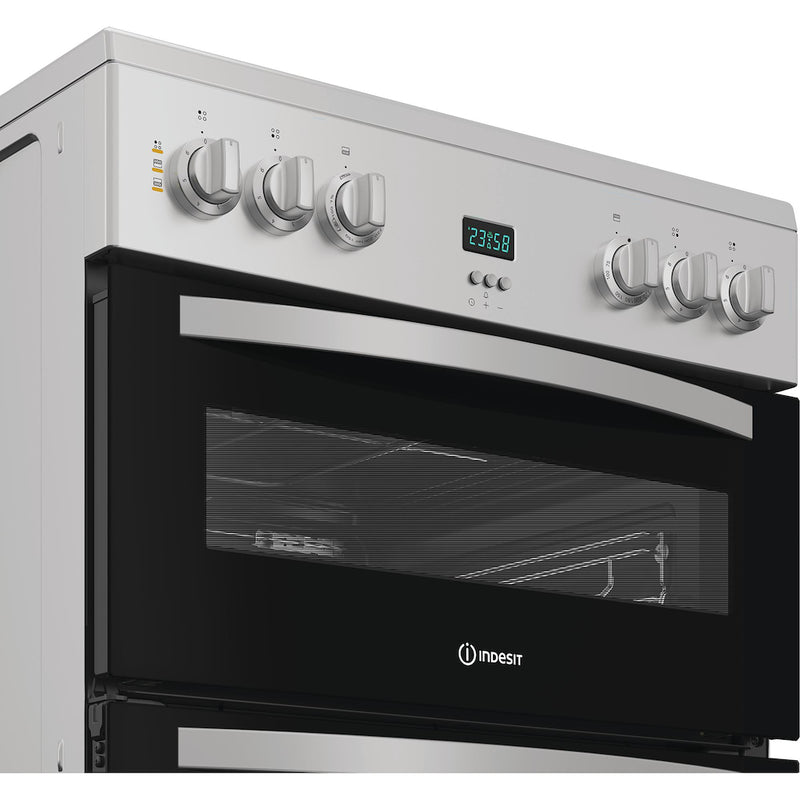 Indesit IDE6VDCS1 60cm Electric Double Cooker with Ceramic Hob - Silver