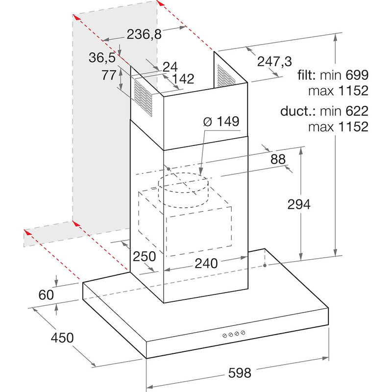 Hotpoint PHBS6.7FLLIX 60cm wide Chimney Cooker Hood - Stainless Steel